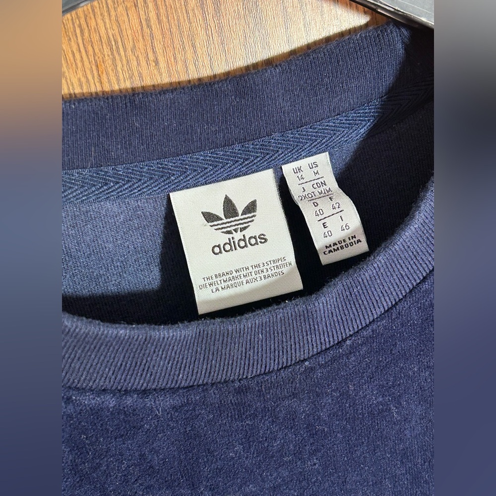 Adidas Trefoil Blue Velour Crewneck Sweatshirt - Picture 3 of 7